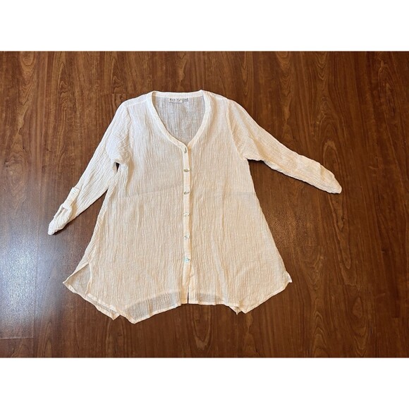 Habitat womens v-neck top size M roll-tab sleeve Textured button front white - Picture 1 of 9